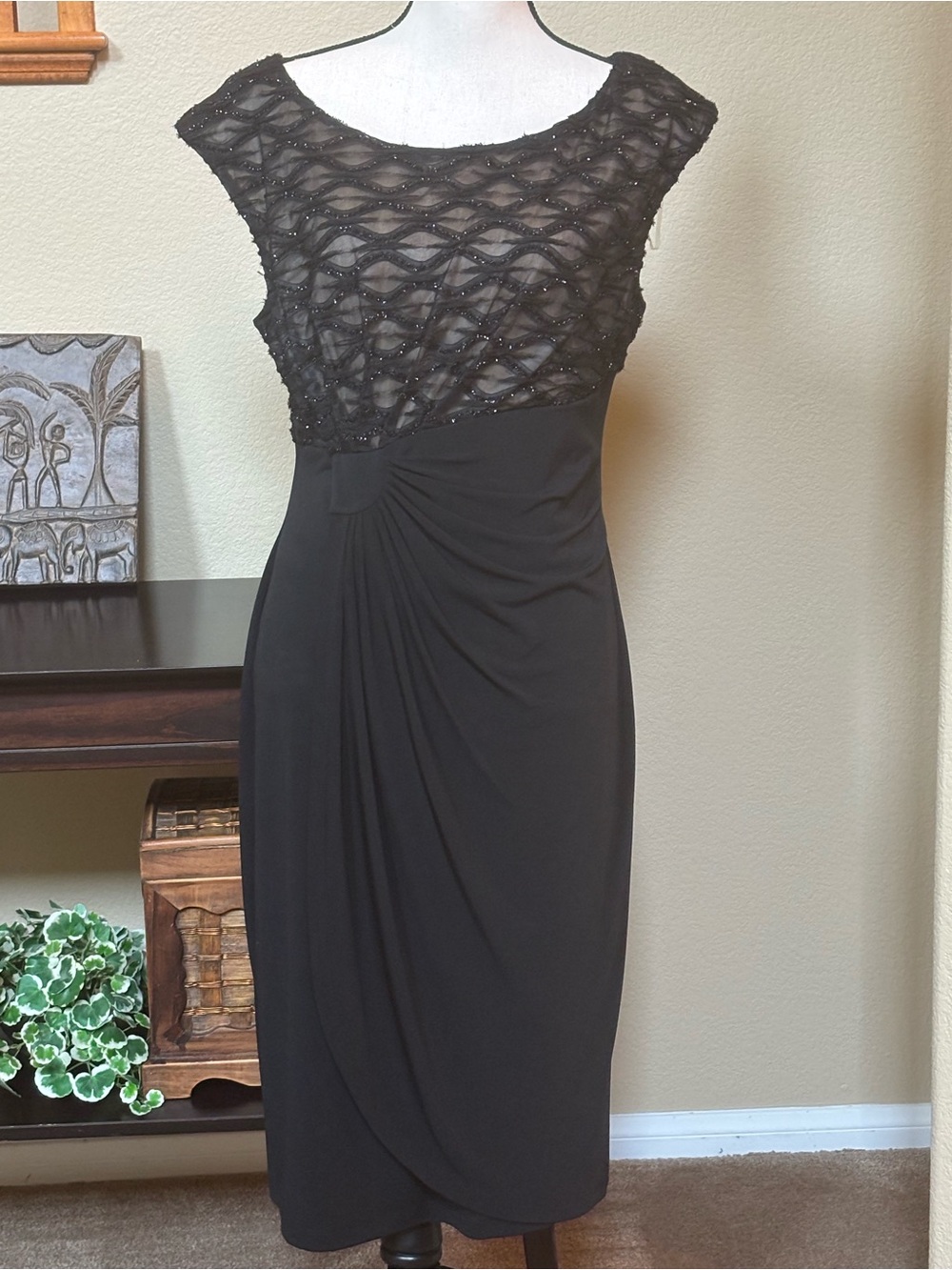 connected apparel Black Beaded Lace Midi Dress